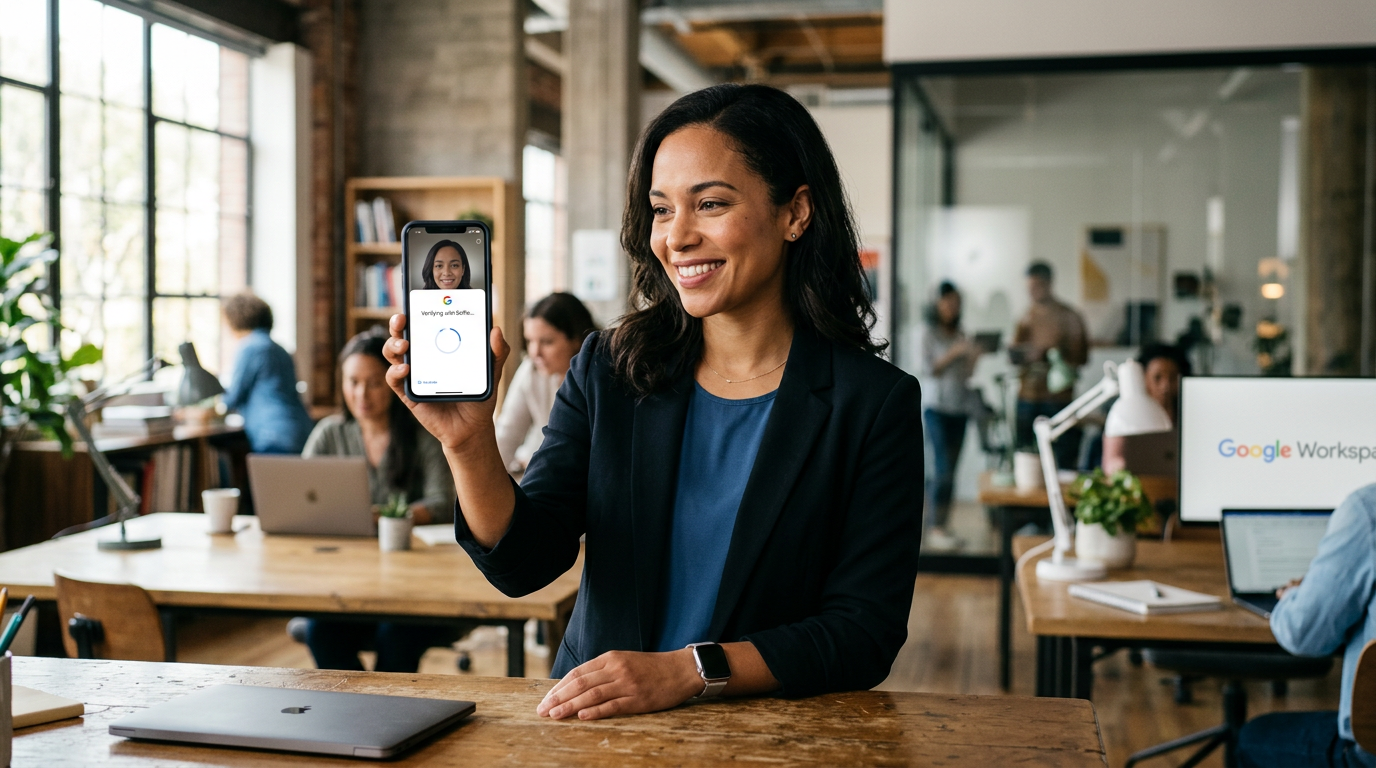 A person holding a smartphone to their face to use the new selfie sign-in feature.