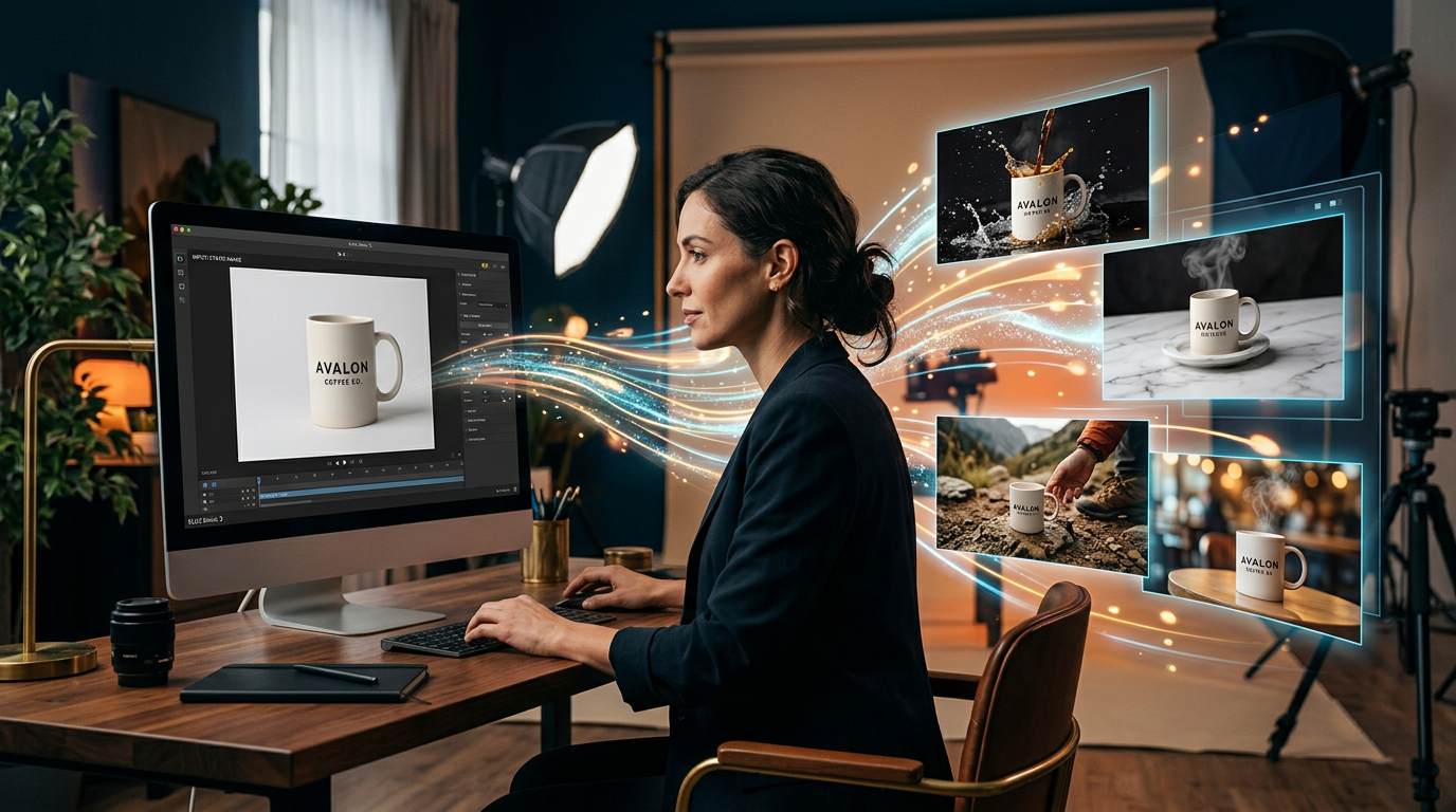 A laptop screen showing an AI tool turning a product photo into a video clip.