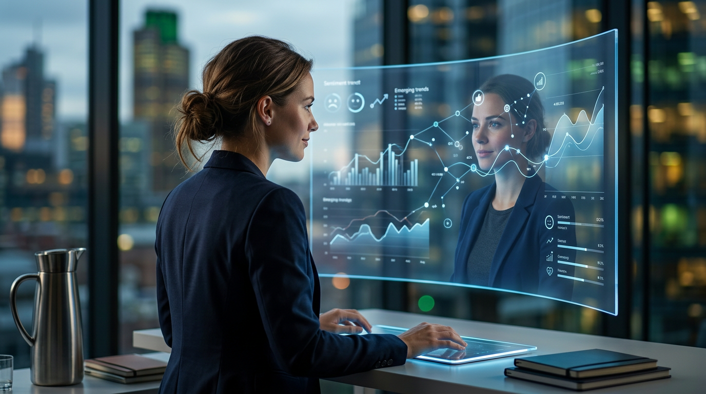 A person using a laptop to analyze real-time social media trends and customer data.