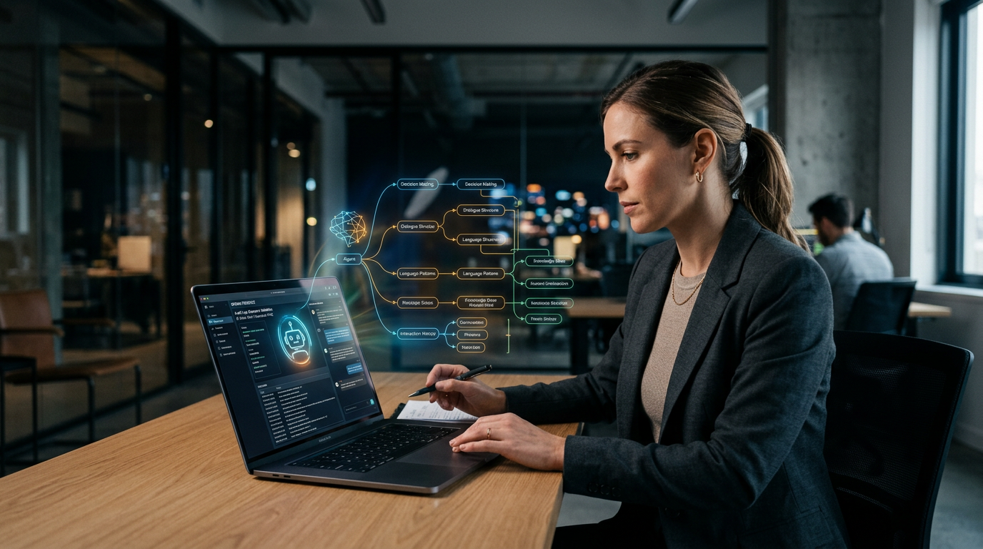 A person sitting at a desk auditing digital worker instructions on a computer screen.