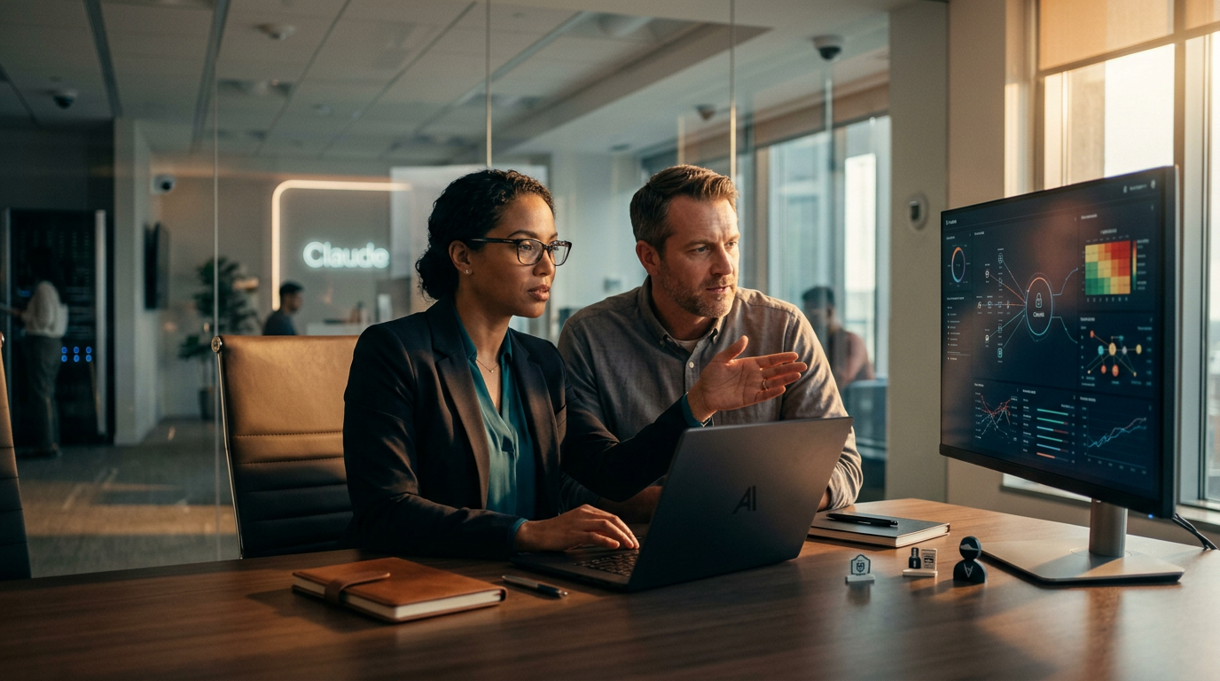 A person using a laptop to run a security audit with Claude AI software
