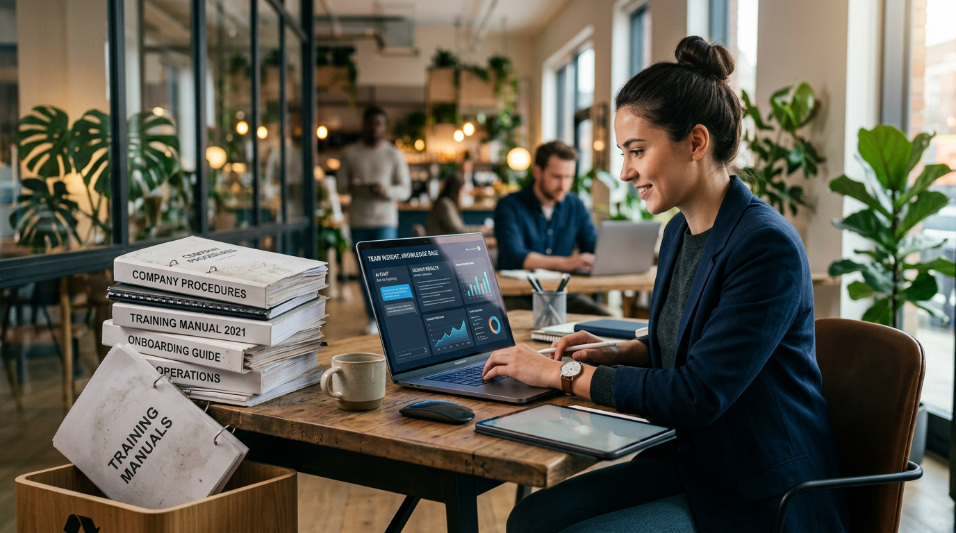A small business owner showing an employee how to use an AI tablet for training.