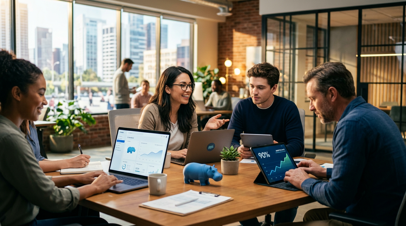 A group of people collaborating on a project using modern office technology and AI software.