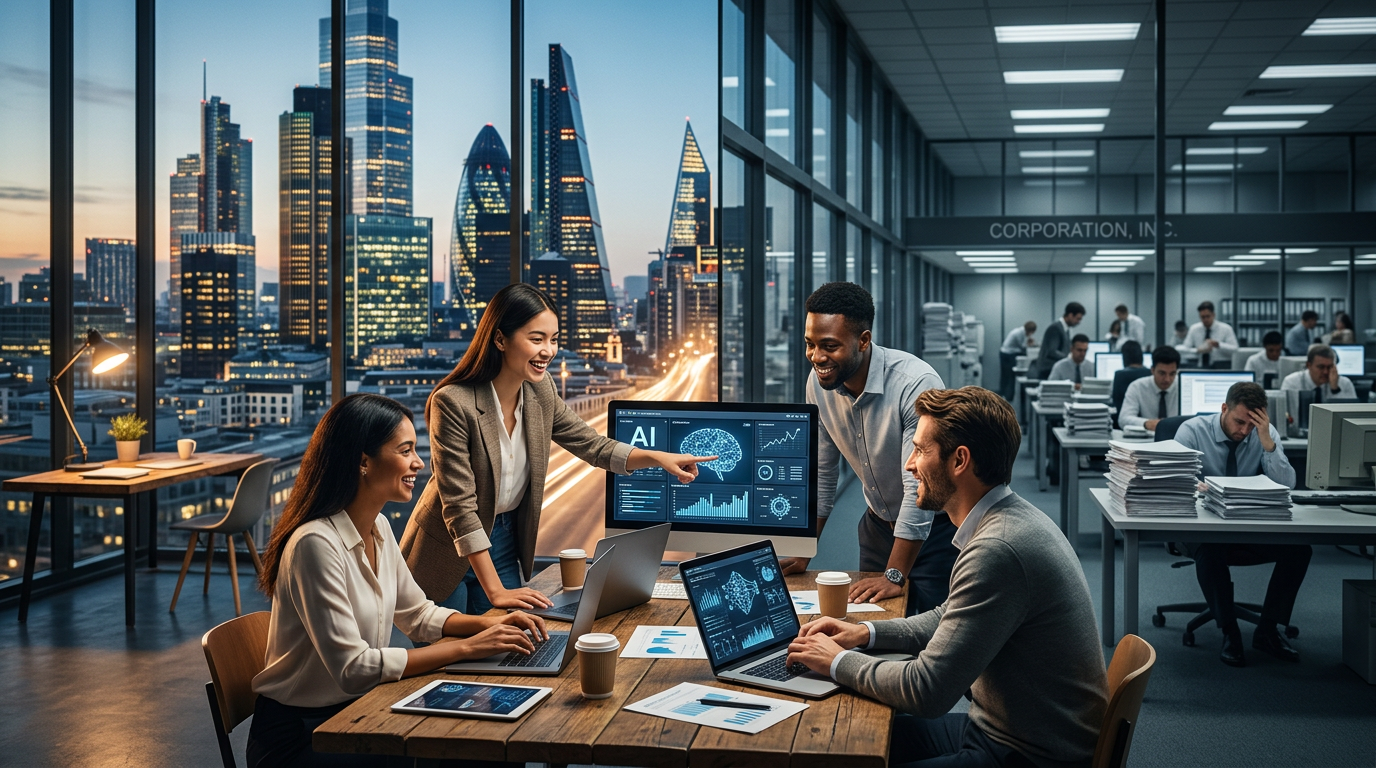 A small group of business professionals sitting around a laptop discussing AI implementation strategies.