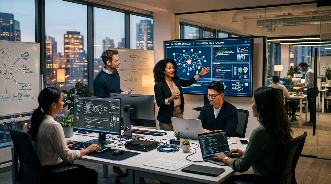 Business owner sitting at a desk teaching staff how to use AI tools for productivity.
