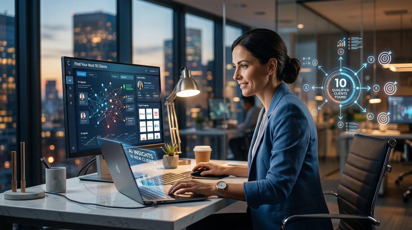 A person using a laptop to research B2B sales prospects with modern software tools.