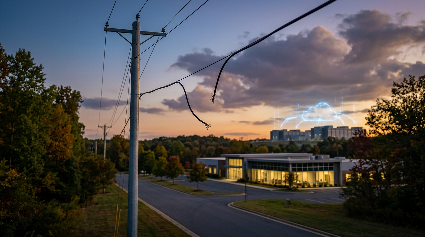 A close up look at power lines and utility poles against a cloudy sky