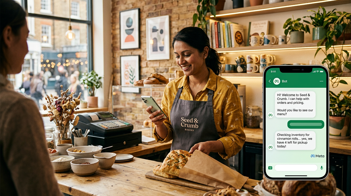 A small business owner using a smartphone to manage customer messages on WhatsApp.