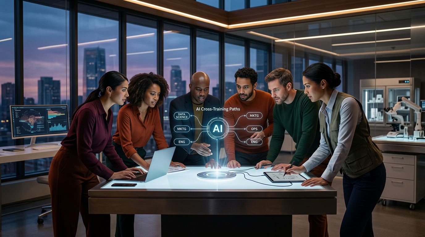 A small business team collaborating around a laptop using AI tools to solve diverse tasks.