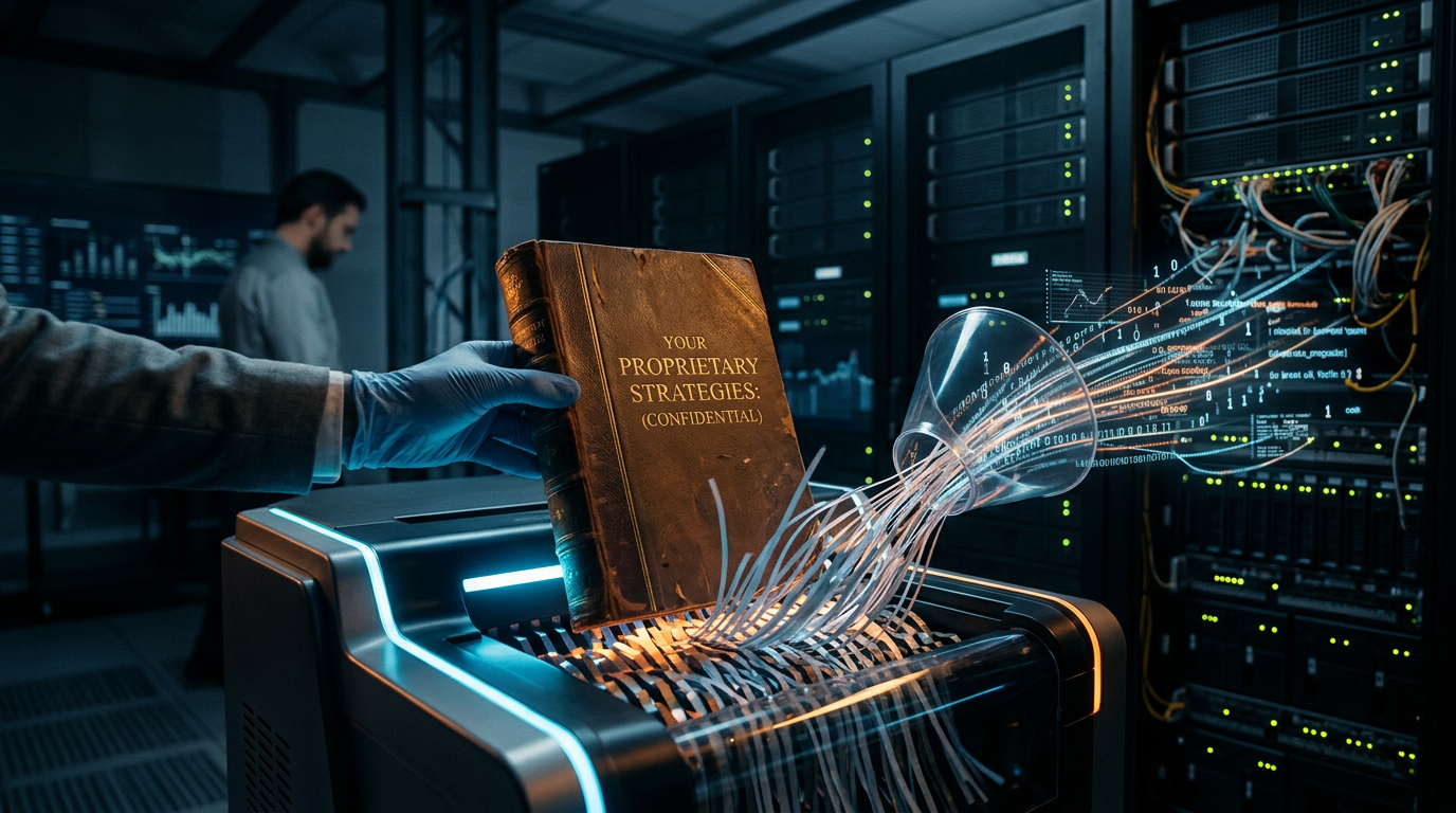 A secure digital vault protecting stacks of business documents from glowing data streams.