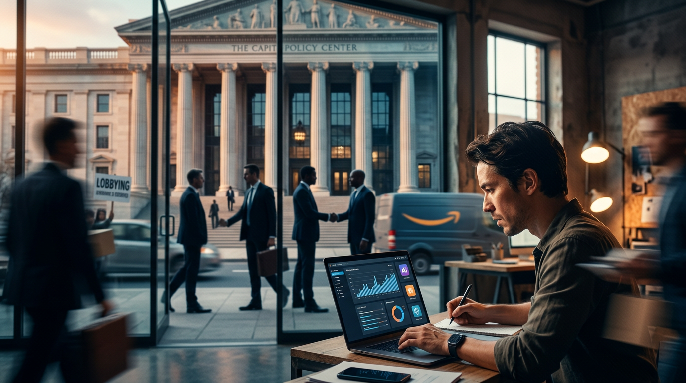 A small business owner using a laptop while large corporate buildings stand in the background.