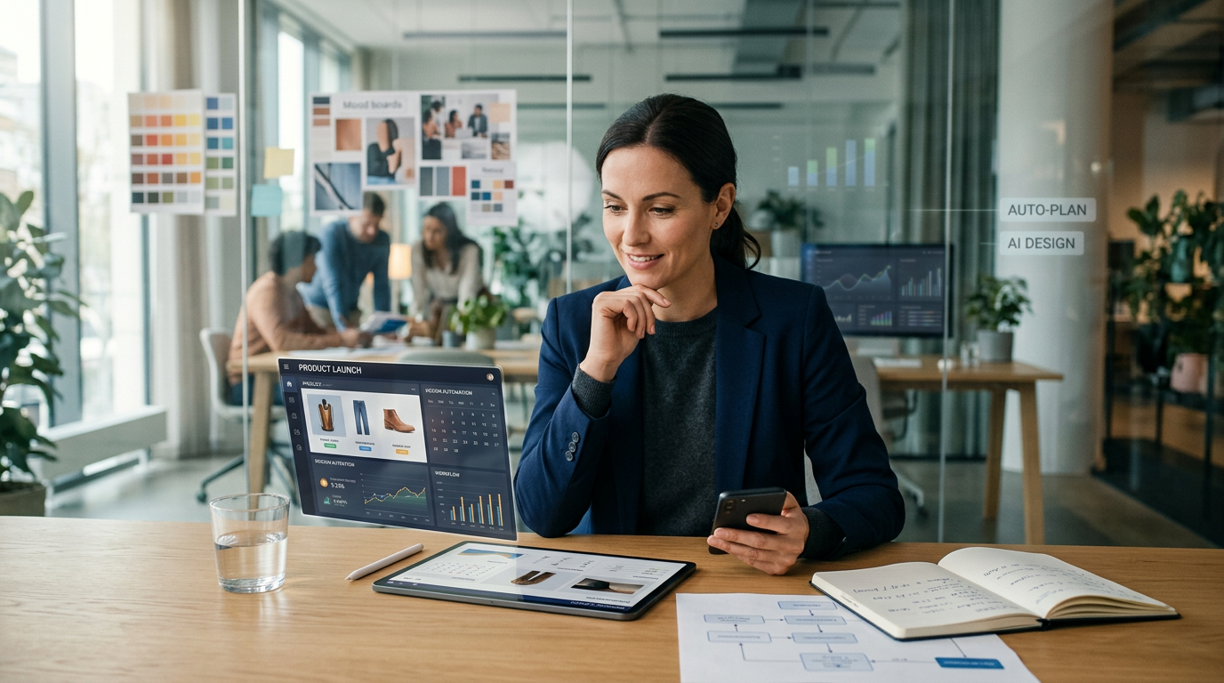 A small business owner using a laptop to plan a product launch with AI tools.