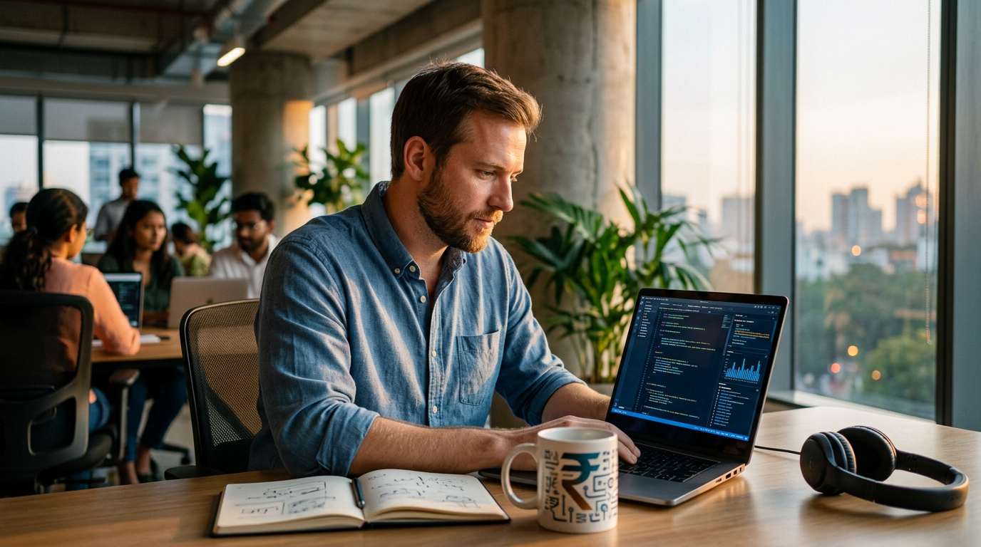A person using a laptop to write software code with AI assistance in a modern office.