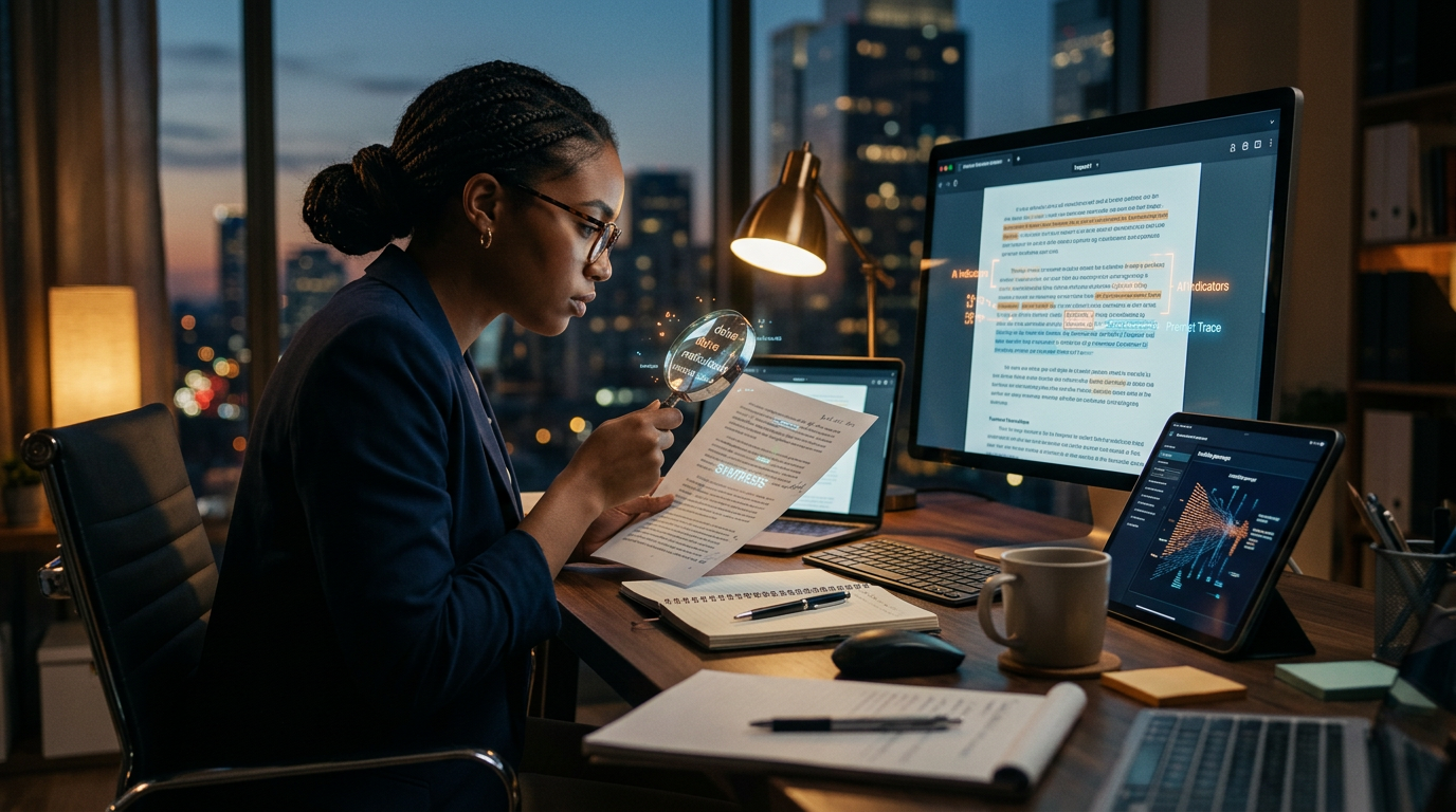 A business owner using a computer to audit outsourced writing for AI signatures
