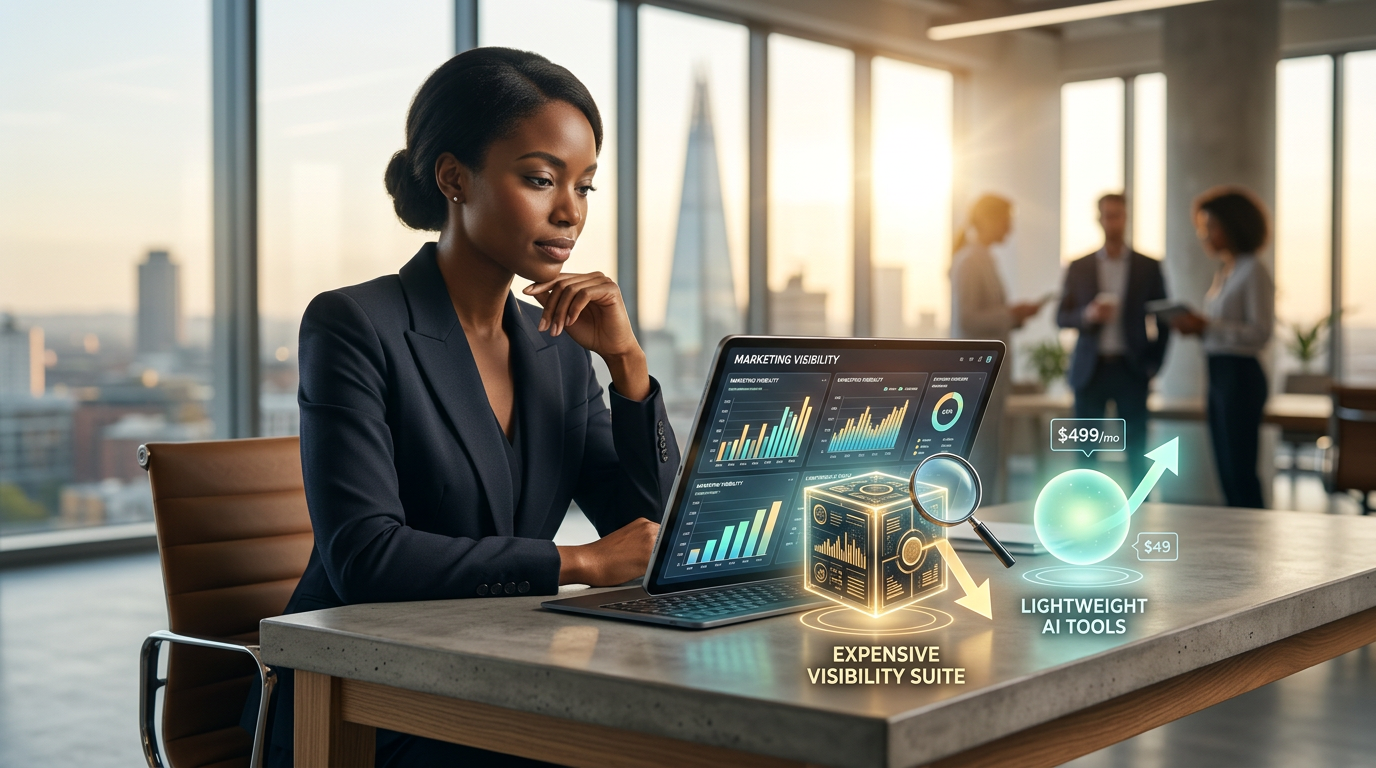 A person looking at a digital screen showing marketing data and AI recommendations.