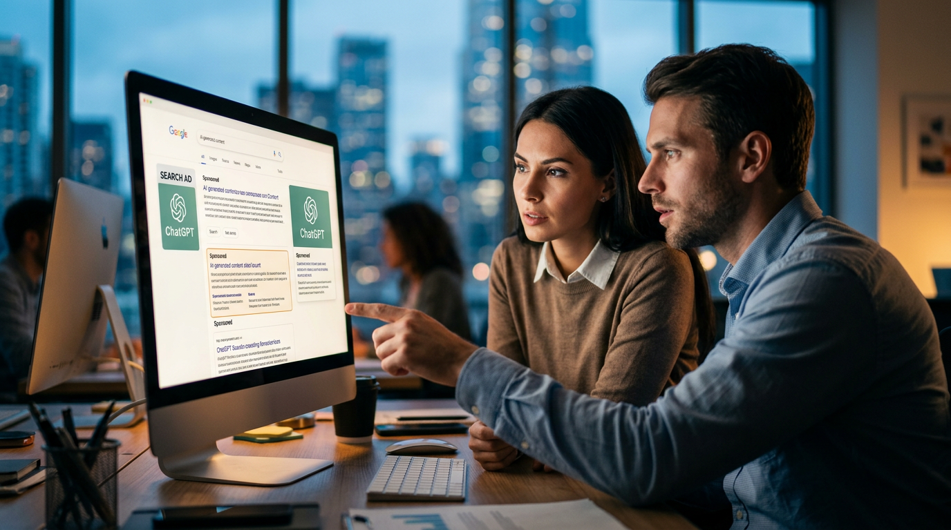 A person looking at a laptop screen showing a ChatGPT conversation about local business services.