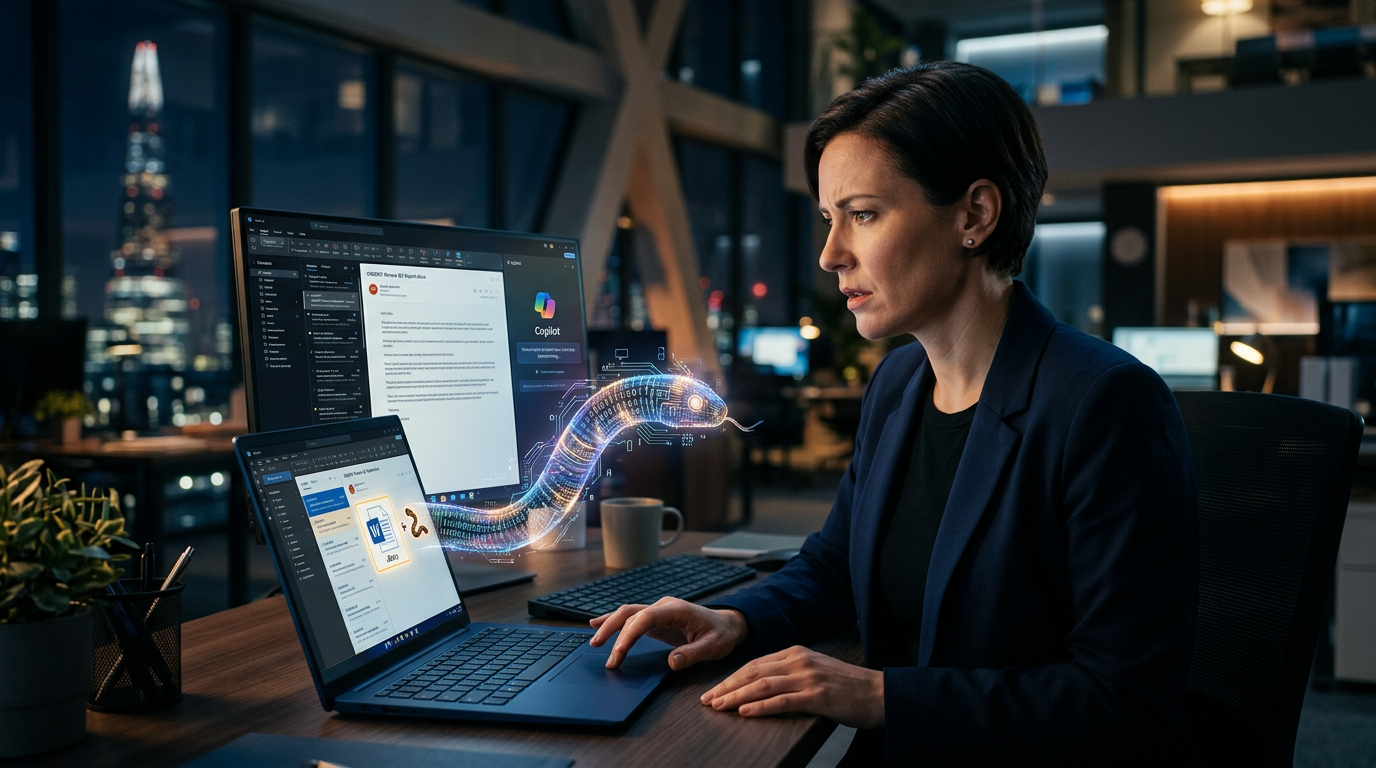 A person looking at a laptop screen with a magnifying glass over a document icon.
