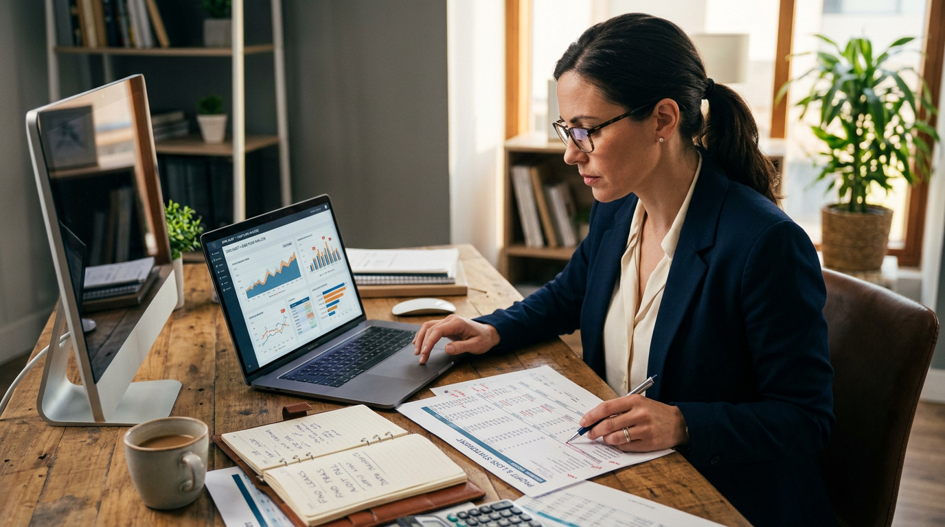 A person reviewing a financial spreadsheet on a laptop with a digital overlay showing data trends