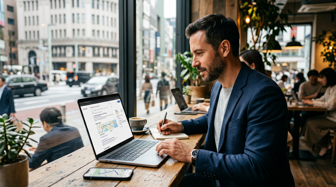 A business owner using a smartphone to coordinate local logistics and travel plans with Google Search AI Mode.