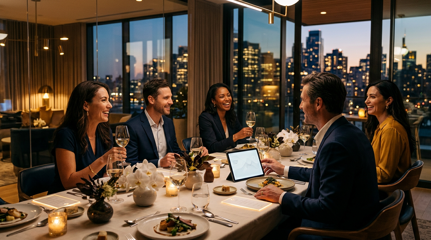 A professional dinner table set for clients with a smartphone showing Google Search results.