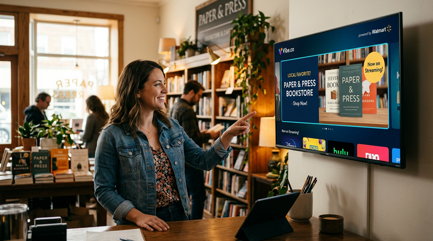 A small business owner looking at a smart television displaying a targeted local advertisement.