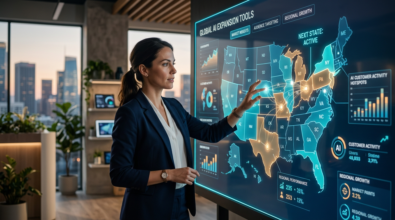 A small business owner using a laptop to manage digital expansion tools.
