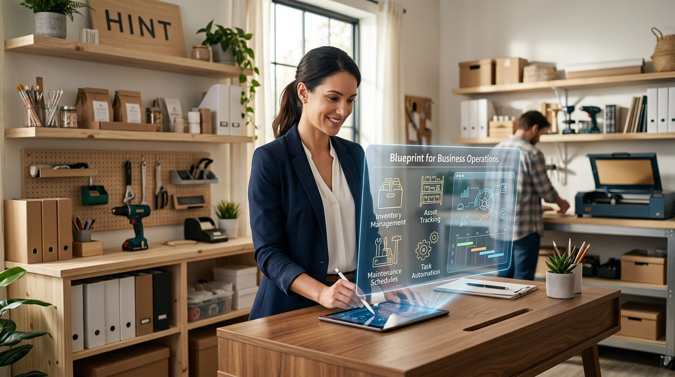 A clean office space with digital overlays representing organized maintenance schedules and equipment data.