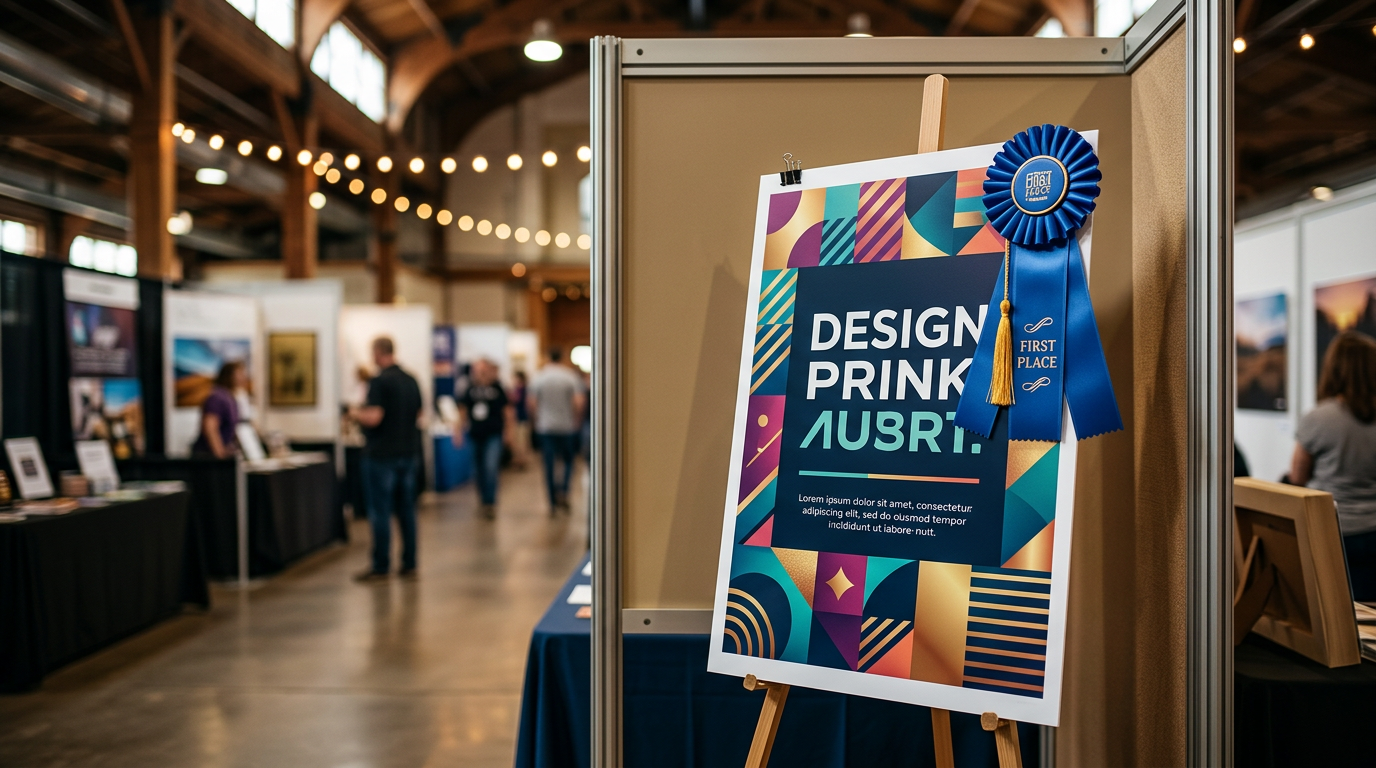 A blue ribbon prize tag hanging next to a professional marketing poster.