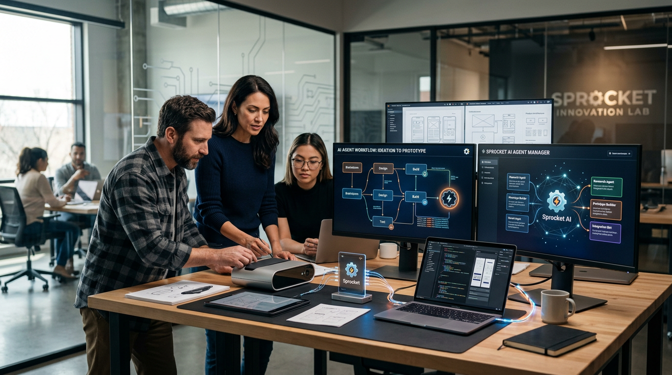 A person using a laptop to manage a digital product design process with AI assistance.