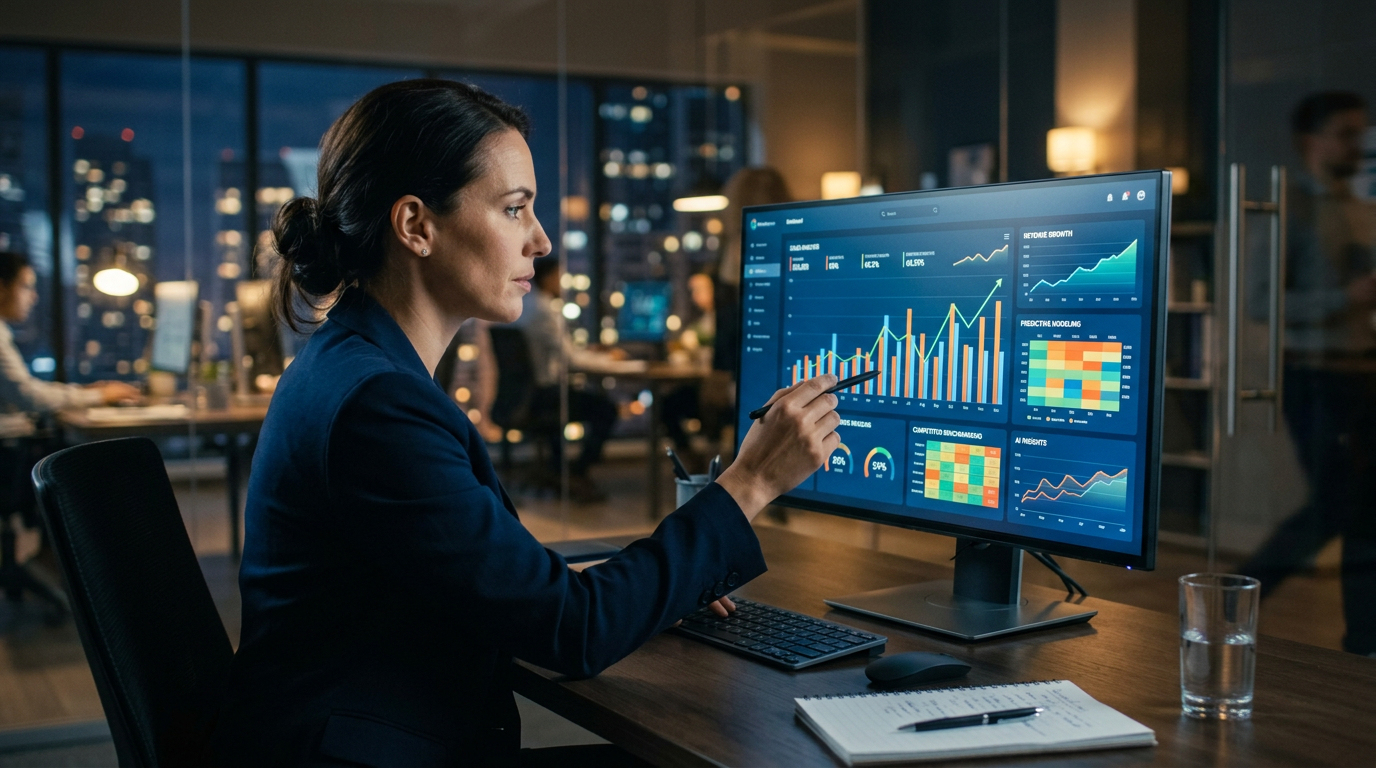 A person sitting at a desk analyzing sales data charts on a computer screen.
