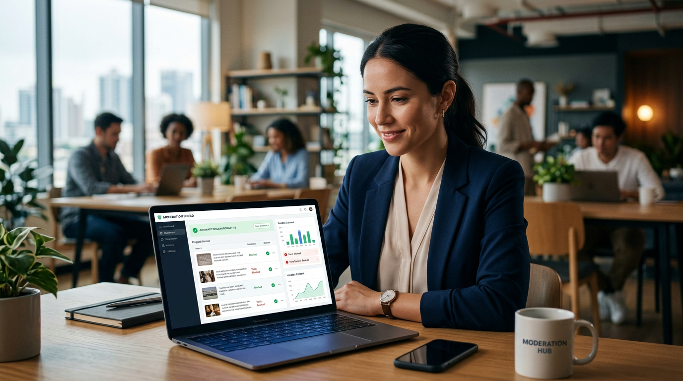 A digital shield protecting a business community from spam and toxic social media comments