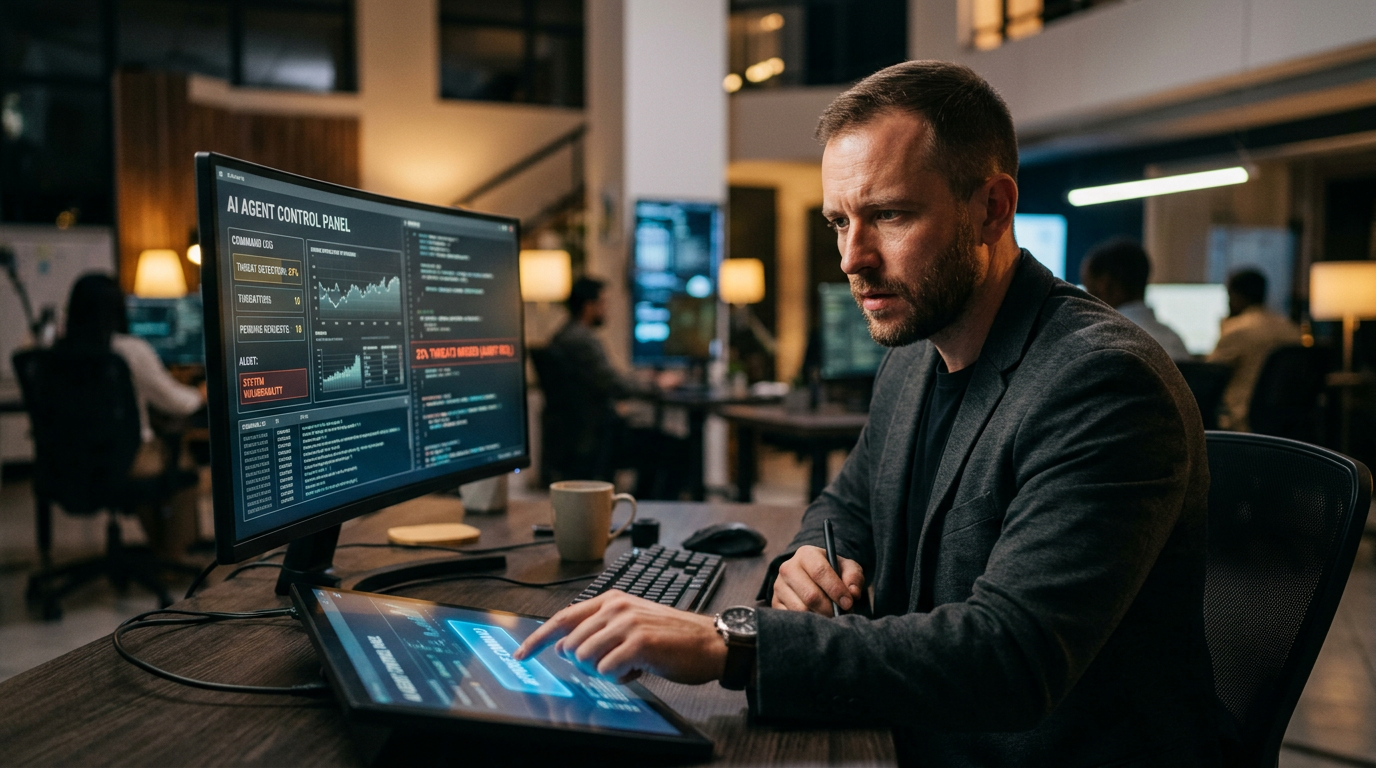 A person sitting at a desk looking at a computer screen showing a red security alert for an AI command.