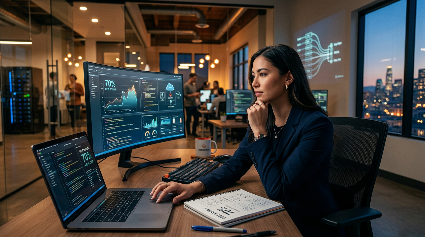 A person sitting at a desk comparing two different AI model costs on a computer screen.