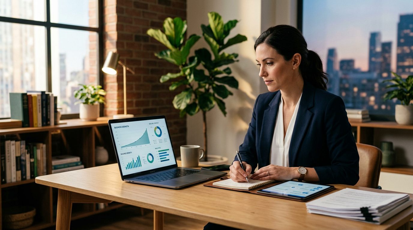 Small business owner using a laptop to plan a growth strategy with AI tools.