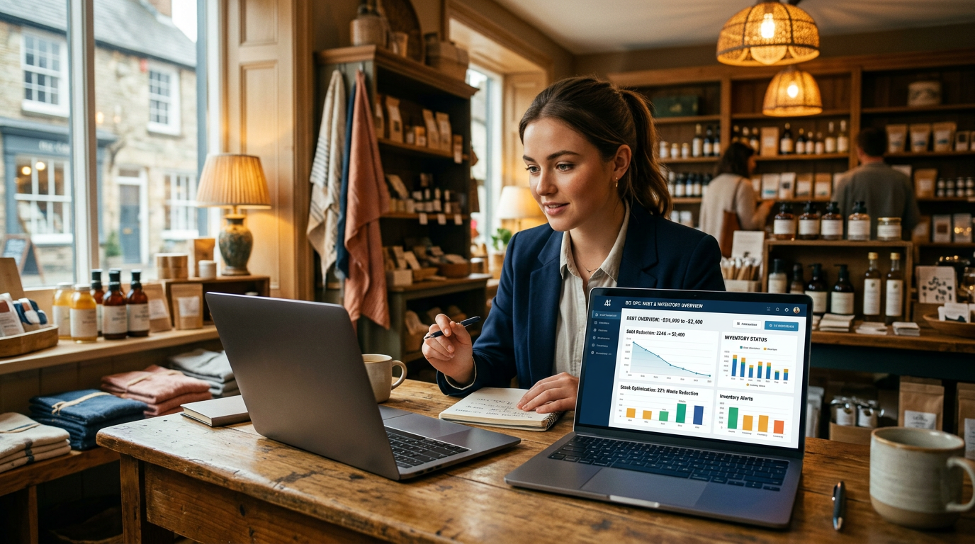 A small business owner reviewing financial spreadsheets on a laptop in a grocery store