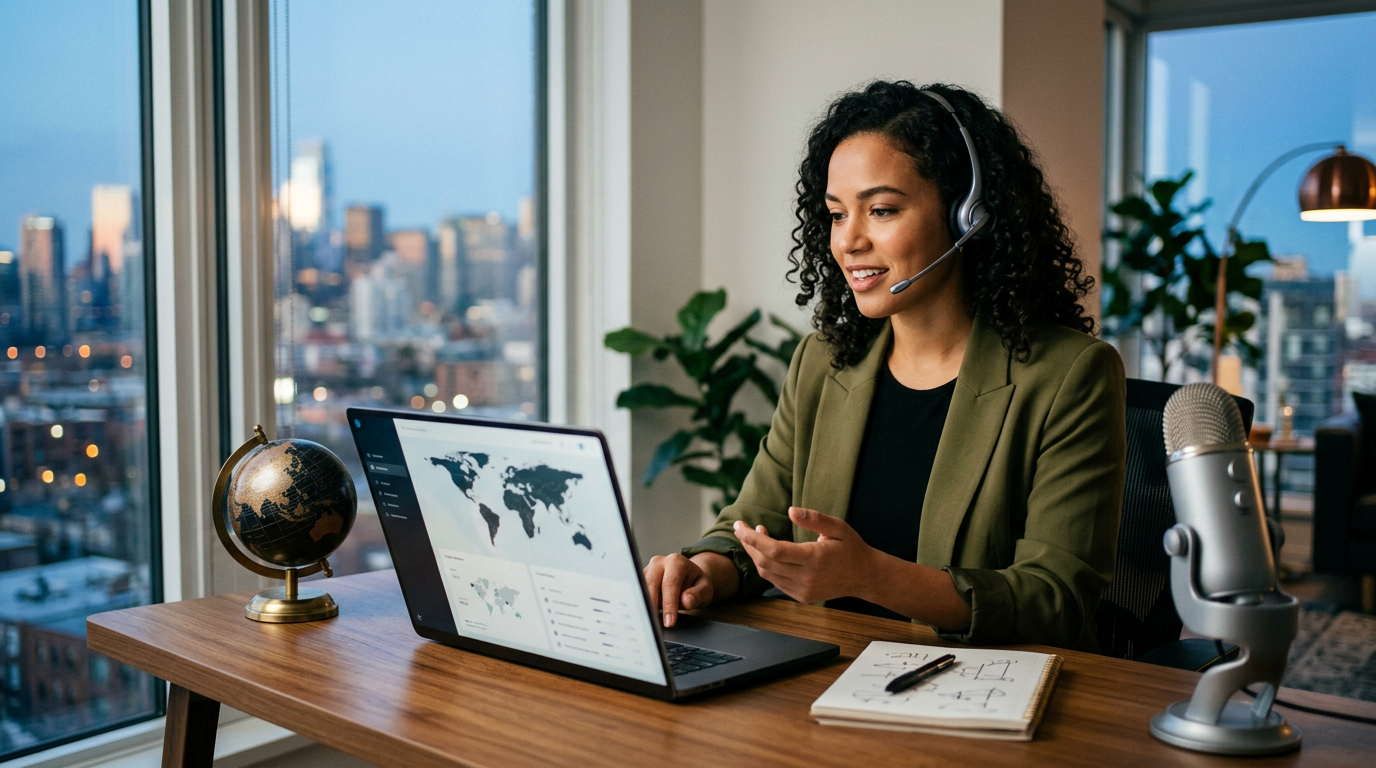 A laptop showing a world map with digital connections between continents representing global business outreach.