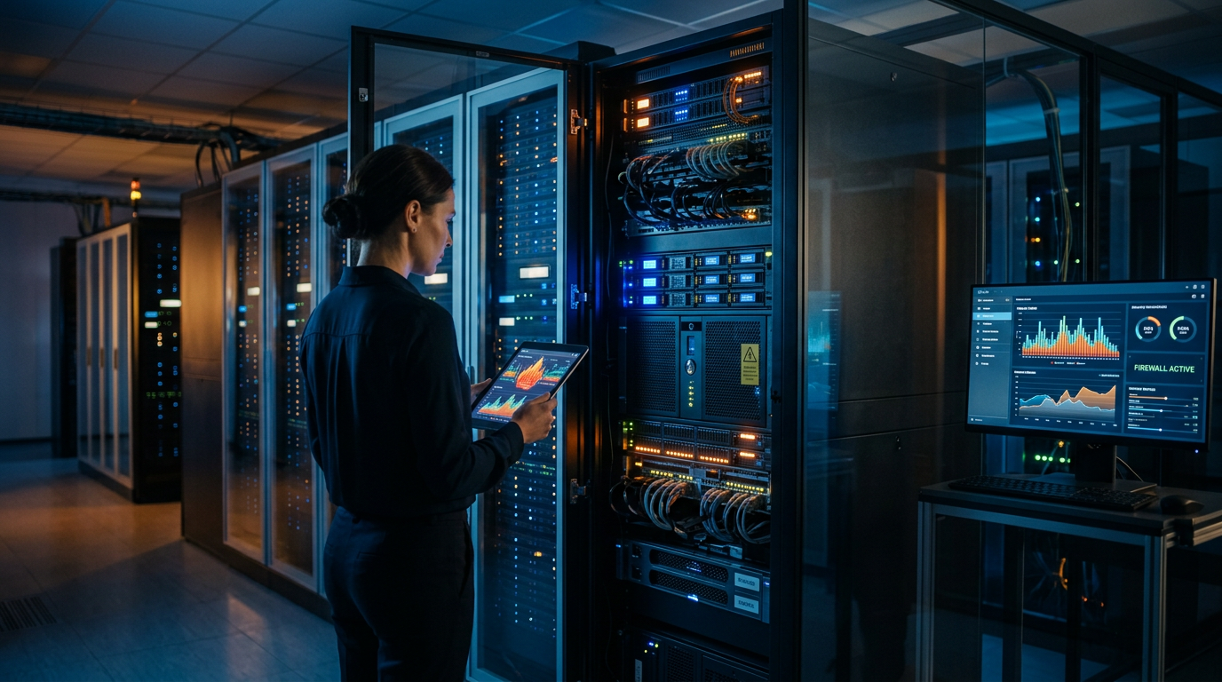 A digital shield protecting a website server from incoming red data packets representing aggressive AI scrapers.