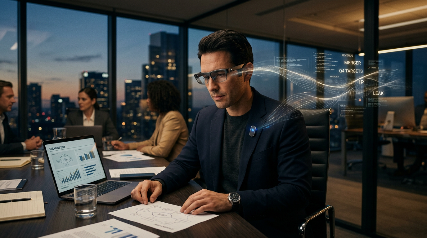 A professional desk with a pair of smart glasses and a notebook.