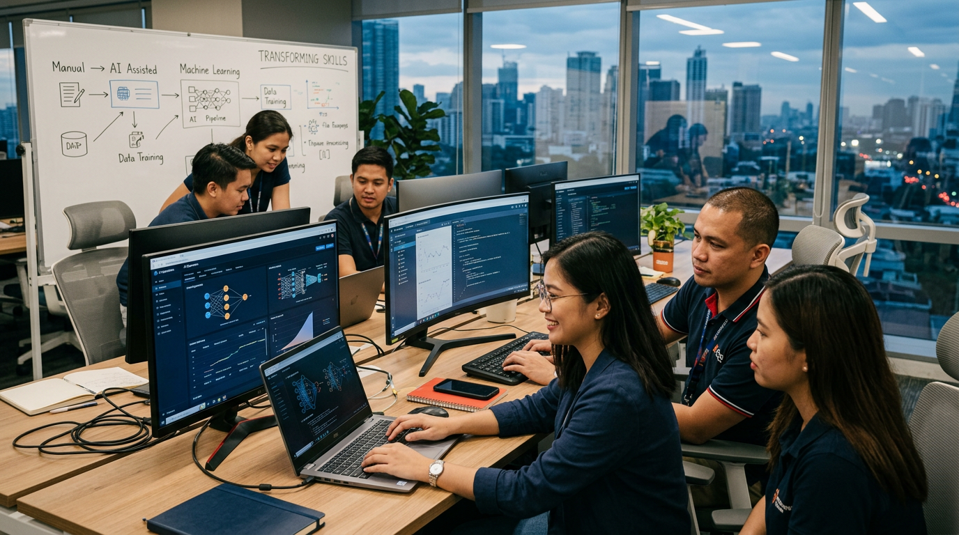 A business owner sitting at a table explaining AI workflows to a remote team member on a laptop screen.