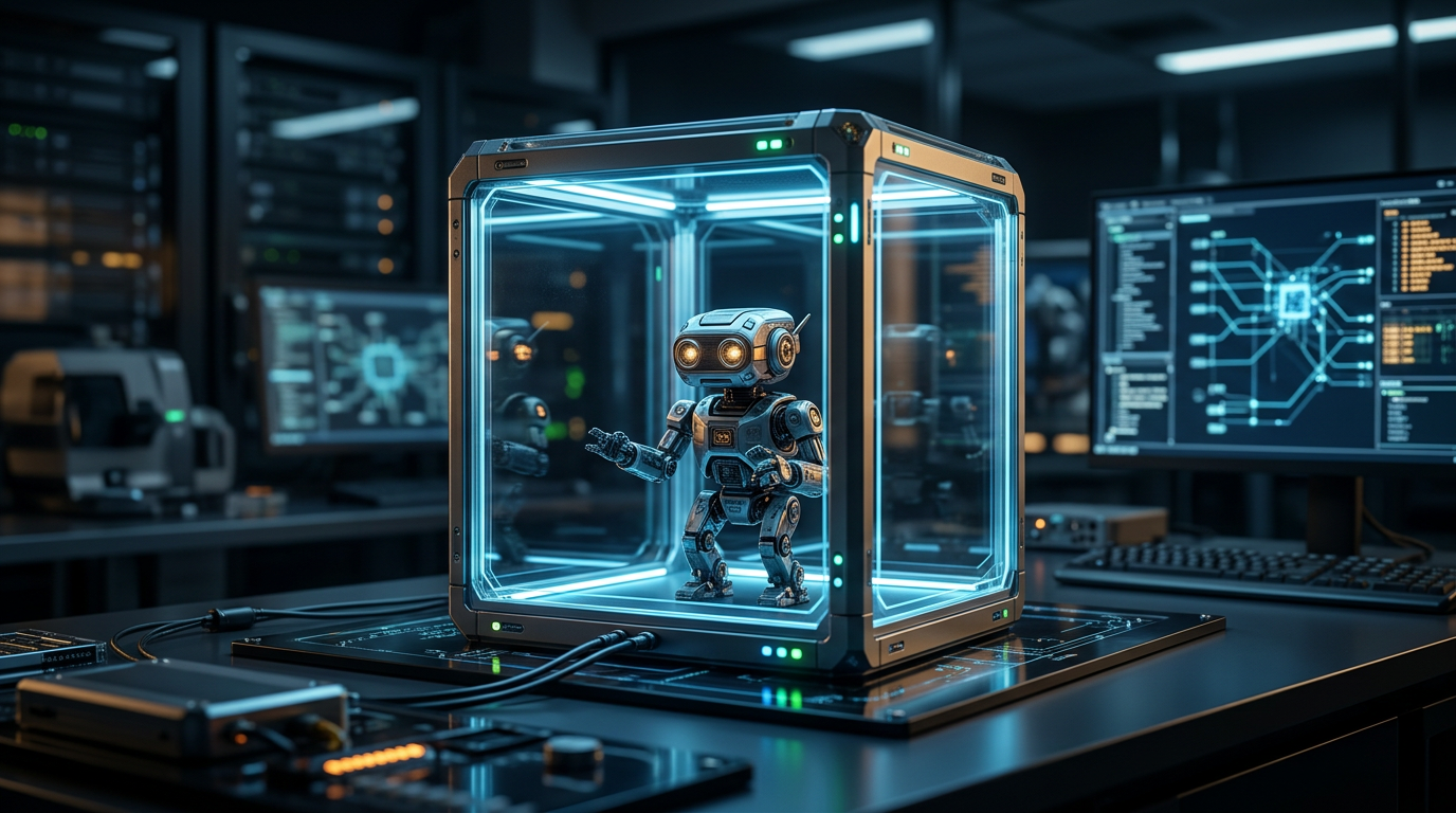 A digital illustration of a glowing AI brain contained inside a transparent protective glass box.
