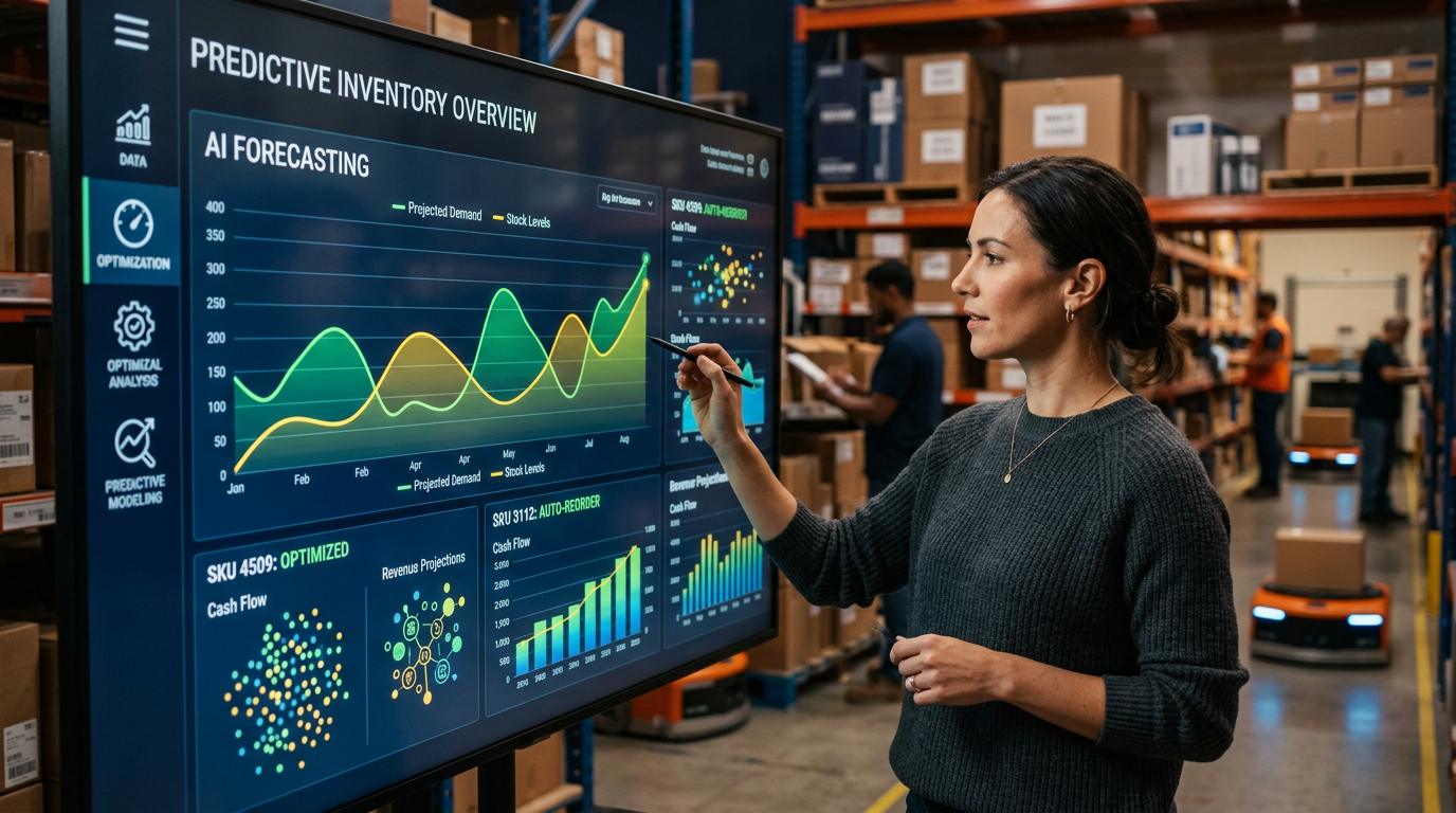 A small business owner reviewing automated inventory levels on a laptop screen.