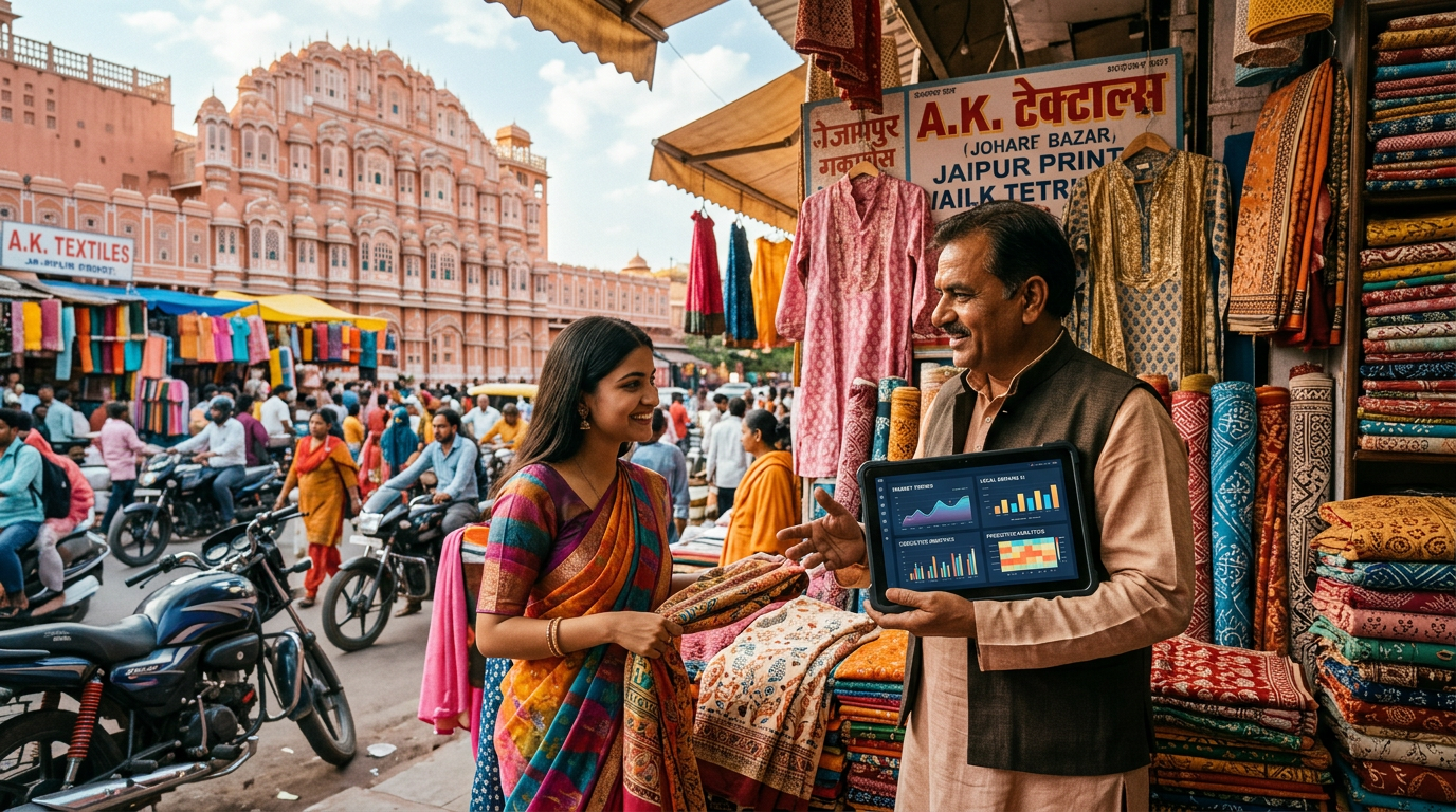 Local traders in a busy market discussing business strategy and technology.