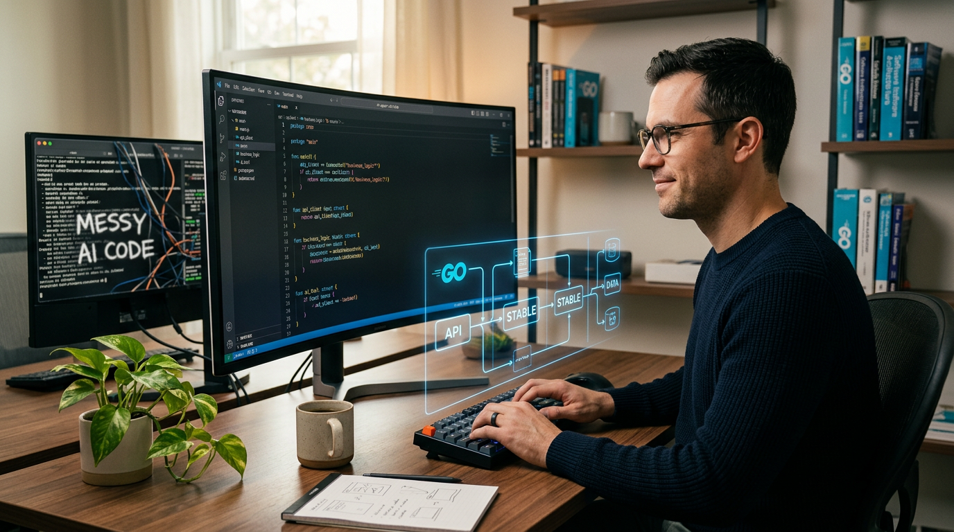A person sitting at a desk using a laptop to generate clean business automation scripts.