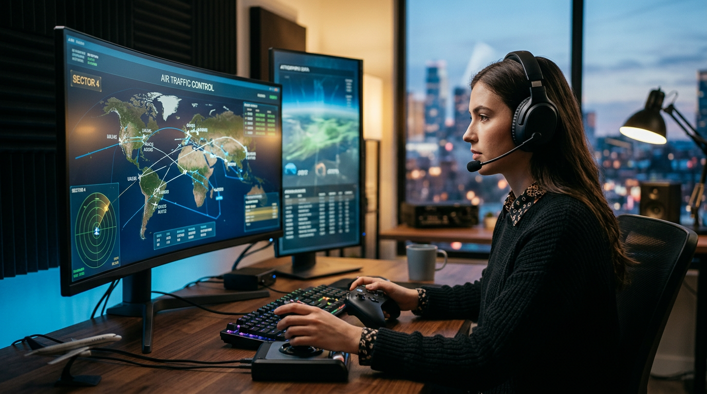 A person using multiple computer monitors to manage complex data and digital workflows efficiently.