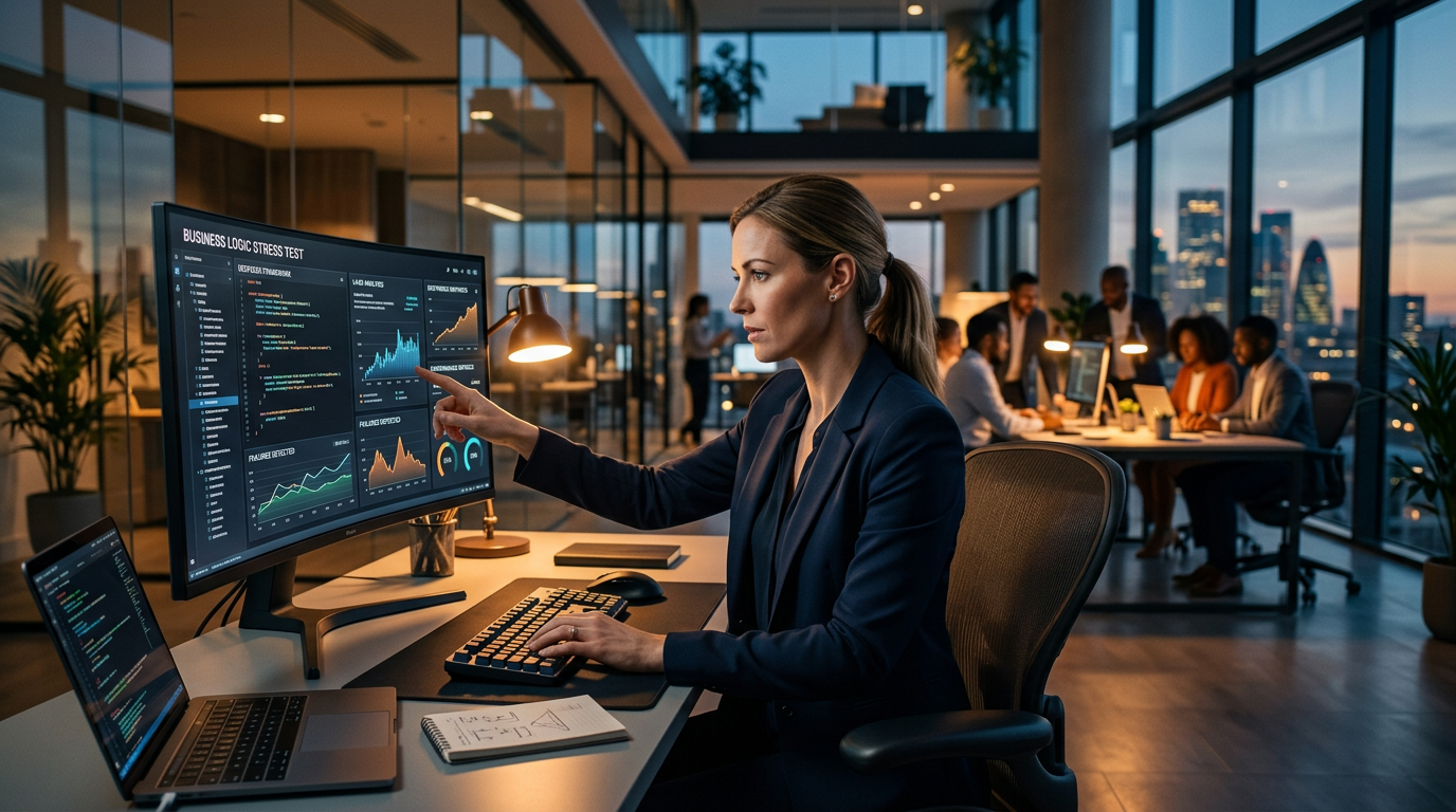 A person reviewing data on a screen to verify business logic and AI accuracy.