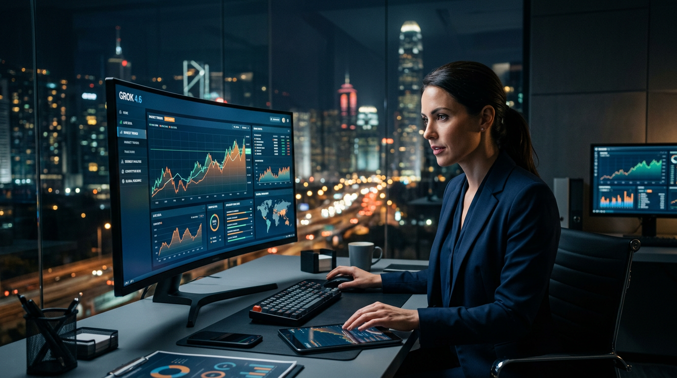 A professional desk with a laptop displaying real-time data charts and social media feeds.