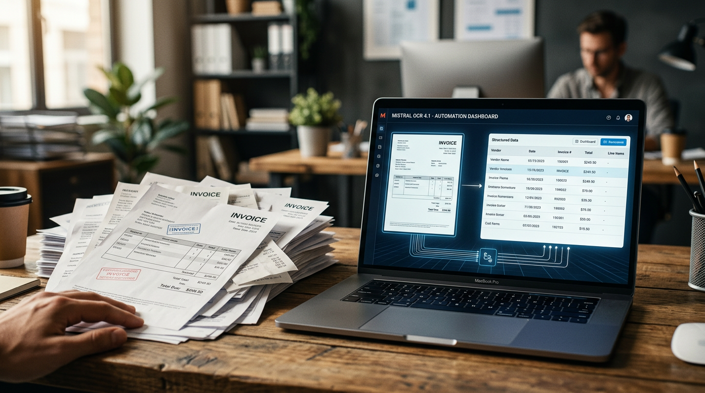 A stack of paper invoices being scanned into a digital spreadsheet on a laptop screen.