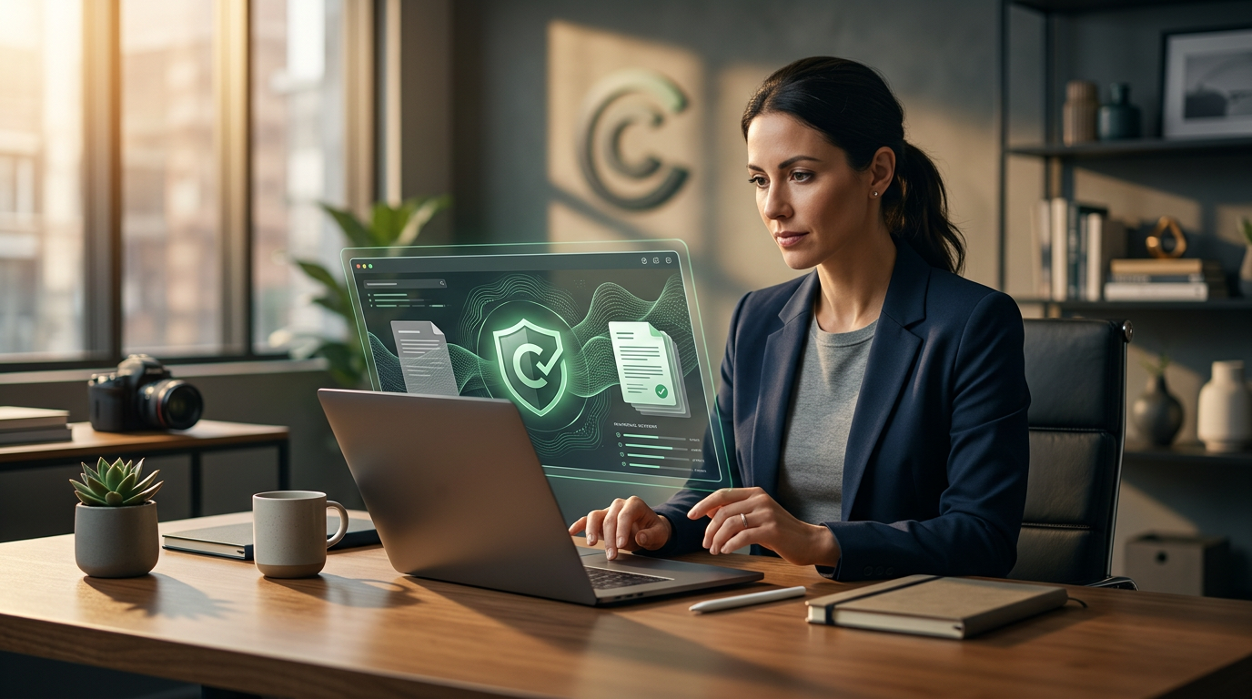 A business owner reviewing digital content on a laptop with a magnifying glass icon.