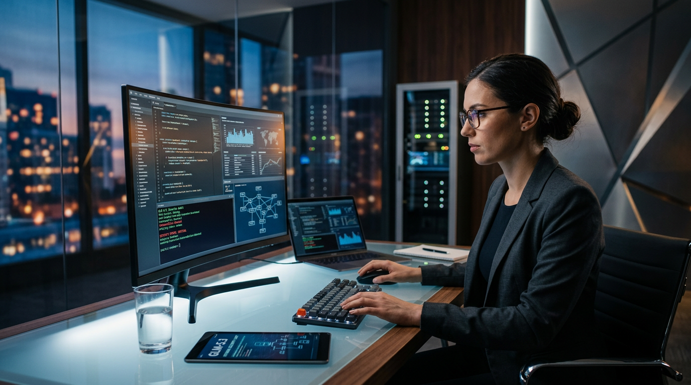 A person using a computer to scan business website code for security vulnerabilities.