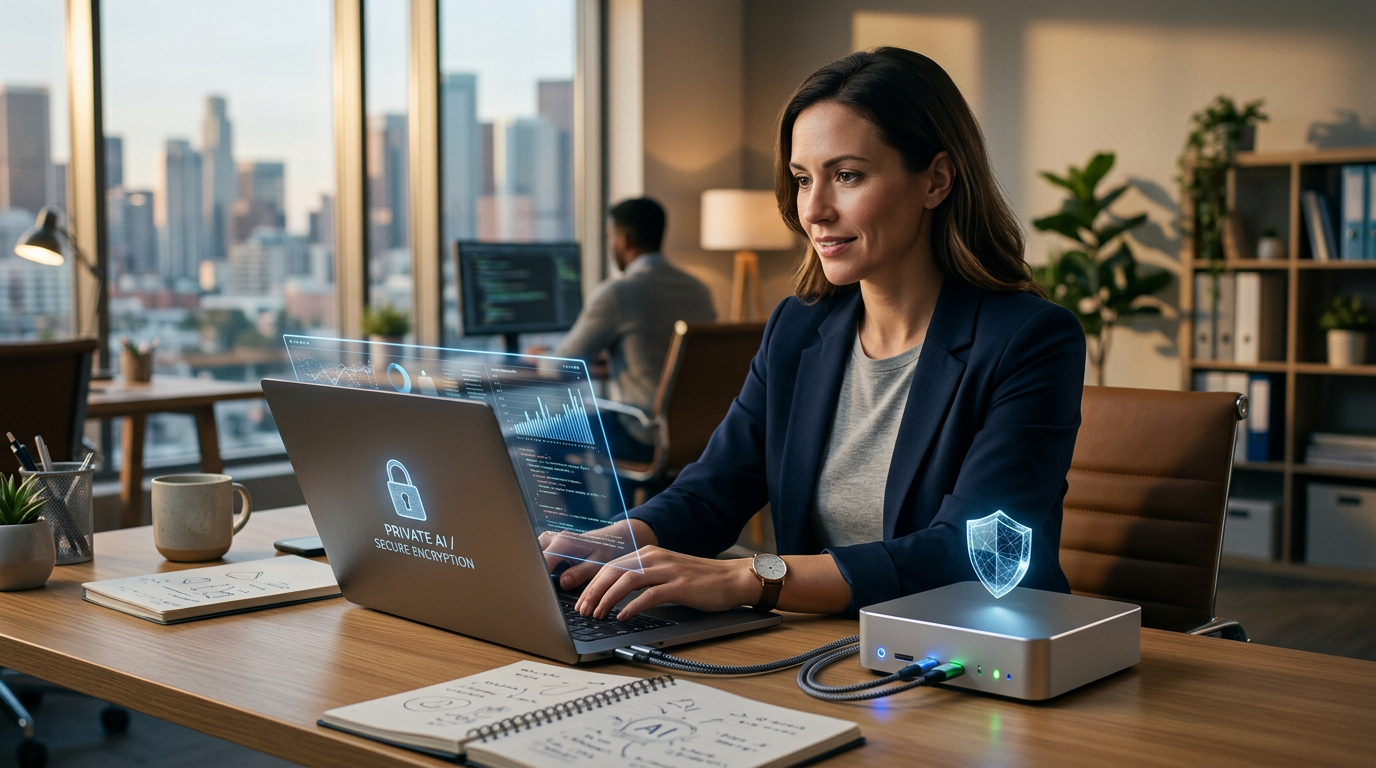 A small business owner safely processing encrypted customer data using a private AI interface.